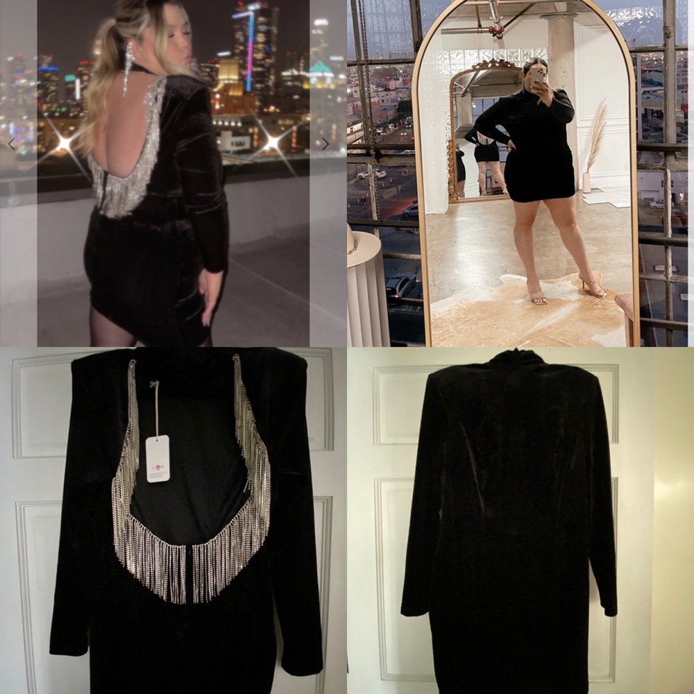 NWT Velvet Long Sleeve Mock Neck Mini Black Dress with Rhinstone Fringe Back